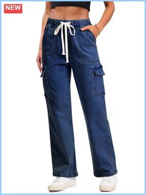 Women's Stretchy Cargo Jeans Straight Leg Drawstring Elastic Waist 6 Pockets